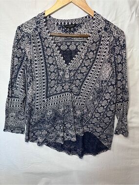 Lucky Brand Navy and White Paisley V-Neck Blouse
